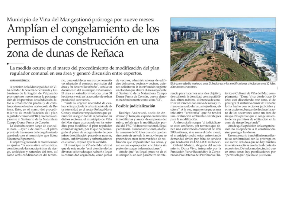 Amplían el congelamiento de los permisos de construcción en una zona de dunas de Reñaca
